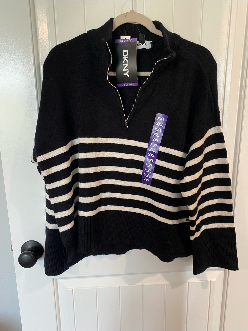 DKNY Black and White Striped Half-Zip Mock Neck Sweater